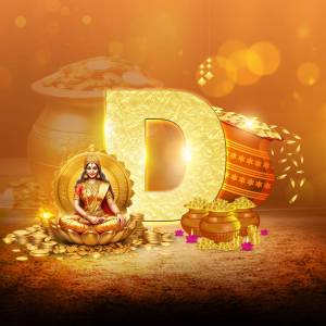 Image of Goddess Lakshmi with gold coins and a large golden 'D' letter.