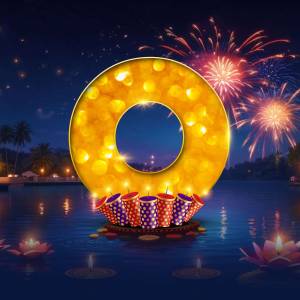A golden 'O' illuminated with lights and fireworks, representing Diwali celebrations.