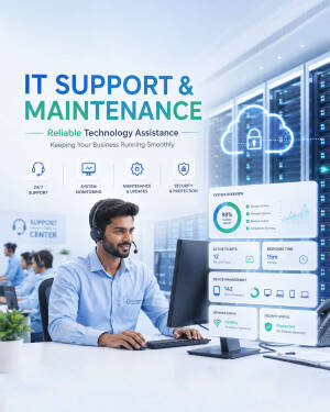 A professional IT support specialist working at a computer in a modern data center with service icons and system overview dashboard