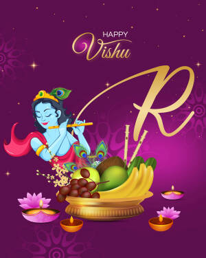 Vishu greeting with Lord Krishna and festive fruits