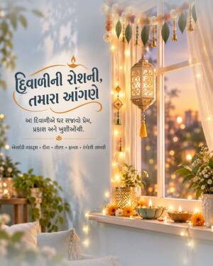 A beautifully decorated window during Diwali with traditional lanterns, string lights, and candles in a warm festive setting