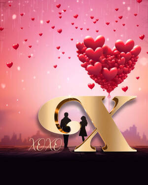 Couple embracing with heart-shaped balloons and 'XOXO' text