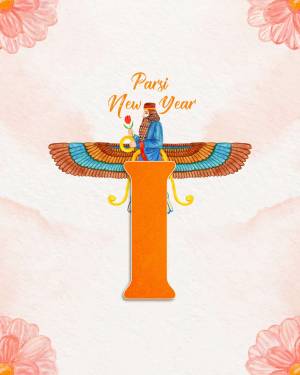 Watercolor illustration of a Parsi man with a Faravahar symbol and flowers, celebrating Nowruz.