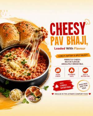 A steaming hot pan of cheesy pav bhaji with butter and toasted bread rolls on a light background