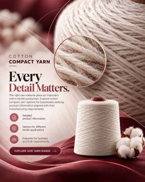 A high-quality product advertisement for cotton compact yarn featuring a close-up macro view of the fiber texture.
