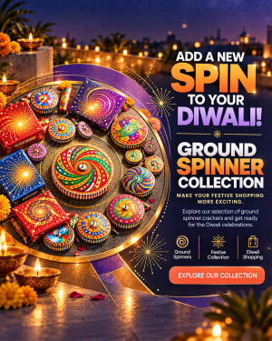 Various colorful Diwali ground spinner firecrackers arranged on a tray with decorative oil lamps