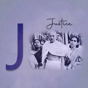 Image depicting Mahatma Gandhi with the letter 'J' for Justice