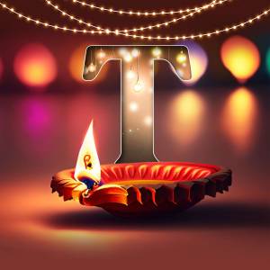 Letter T with Diwali lamp and lights