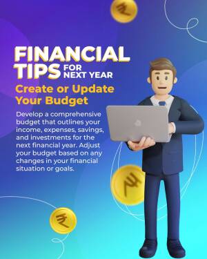 3D illustration of a man with a laptop and coins, promoting financial tips.