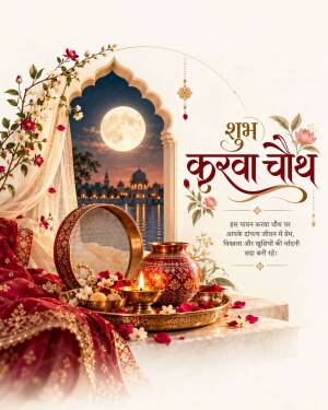 A beautiful Karwa Chauth festival greeting with a moon, a sieve, a decorated pot, and flowers.