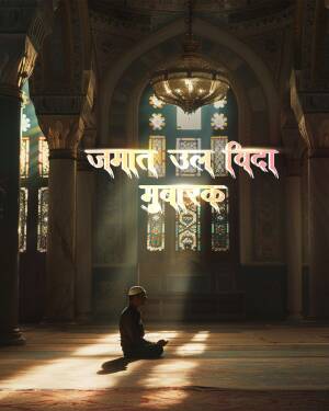 A man praying inside a mosque with light streaming through stained glass windows and Arabic calligraphy.