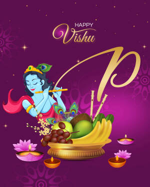 Illustration of Lord Krishna playing a flute with Vishu offerings