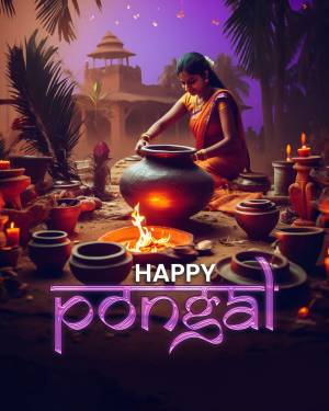 A woman preparing Pongal with traditional clay pots and a bonfire, with a festive 'Happy Pongal' text overlay.