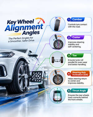 Infographic showing five key wheel alignment angles including Camber, Caster, Toe, Steering Axis Inclination, and Thrust Angle for car maintenance.