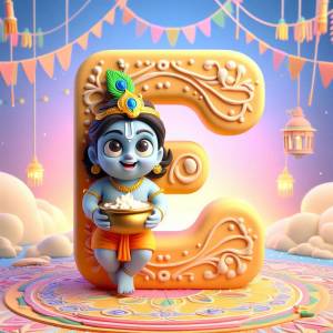 A 3D rendering of the letter 'C' shaped like a cartoon Krishna holding a bowl of food.