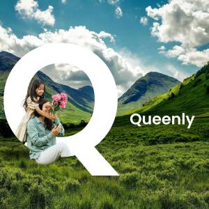 Mother and daughter enjoying a beautiful day in the mountains with a large 'Q' and 'Queently' logo.