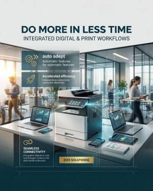 A modern office setting featuring an all-in-one printer connected to various digital devices, representing seamless workflow and connectivity solutions.