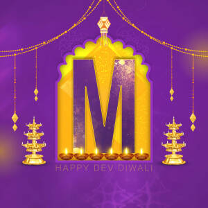 Golden letter 'M' with Diwali lamps and decorations