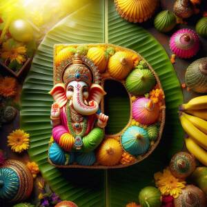 Ganesh idol shaped as the letter 'D' surrounded by festive decorations