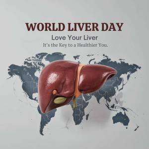 World Liver Day graphic with a liver illustration and world map background