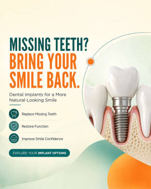 A dental clinic advertisement promoting dental implants for missing teeth featuring an illustration of an implant