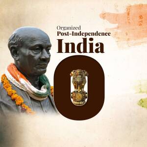 Portrait of Sardar Vallabhbhai Patel with Indian flag and emblem