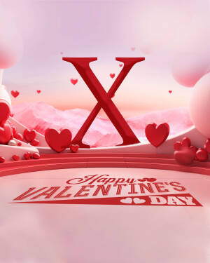 3D rendering of a Valentine's Day scene with a large red 'X' and hearts