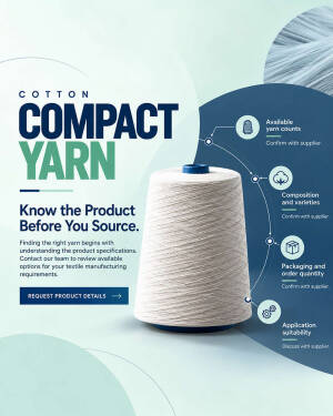 A spool of cotton compact yarn with informational labels on textile sourcing