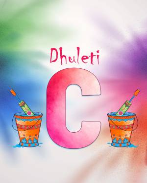 Watercolor illustration of the letter 'C' with buckets and colors representing the Dhuleti festival.