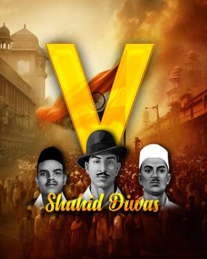 Image commemorating Shaheed Diwas with portraits of Indian freedom fighters and the Indian flag.