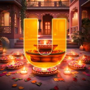 Letter U illuminated with Diwali lights and decorations