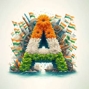 Letter 'A' creatively designed with Indian flags, landmarks, flowers, and nautical elements to represent India's Independence Day.