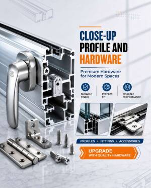 An aluminum window or door profile segment with handle, hinges, and assorted screws for modern architectural hardware.