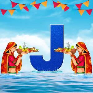 Illustration of women performing Jal Jatra rituals with a large letter J in the center.