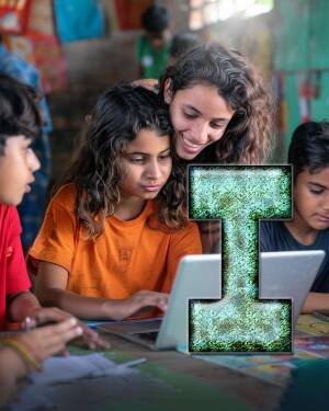 A group of children looking at a laptop with a teacher, with a large letter 'I' overlaid on the screen.