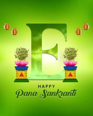 Pana Sankranti greeting with a large letter 'P' and traditional decorations
