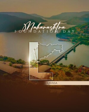 Maharashtra Foundation Day graphic featuring Lavasa landscape and state outline