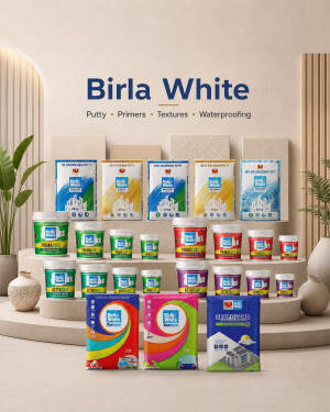 Various Birla White putty, primer, texture, and waterproofing products displayed on tiered pedestals