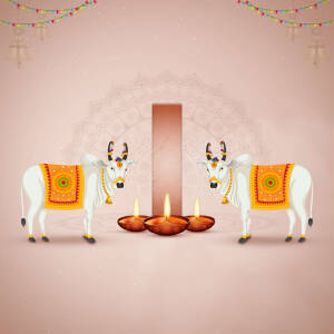 Illustration of two white cows facing each other with lit diyas and a decorated frame in the center, celebrating Govardhan Puja.