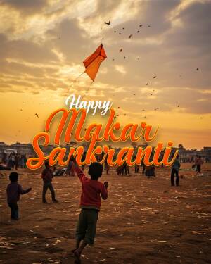 A boy flying a kite during Makar Sankranti festival with a vibrant sunset backdrop.