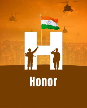 Image depicting the letter 'H' formed by silhouettes of soldiers saluting the Indian flag with helicopters in the background.