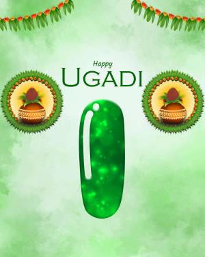 Ugadi festival greeting with traditional decorations and a green background.