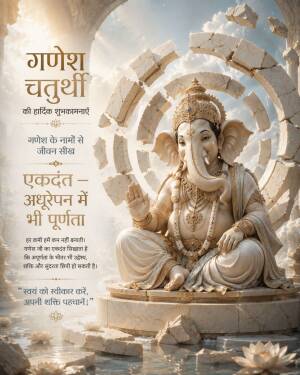 An elegant Lord Ganesha statue with spiritual Hindi text for Ganesh Chaturthi