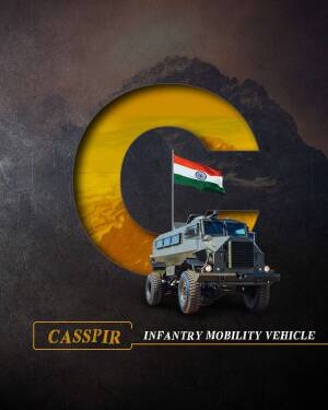 Image of a Casspir Infantry Mobility Vehicle with the letter 'C' and the Indian flag.