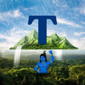 Digital art depicting Lord Krishna with a large letter T in front of a mountain and waterfall landscape.