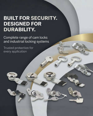 A variety of metallic industrial cam locks and keys arranged on a modern graphic background.