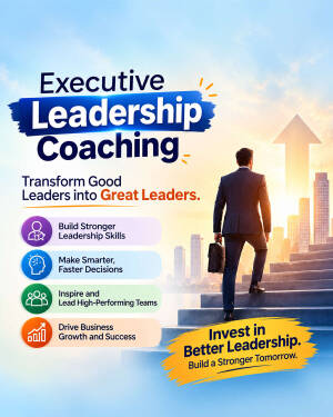 A professional business leader climbing stairs towards a glowing arrow, symbolizing executive leadership coaching and success.