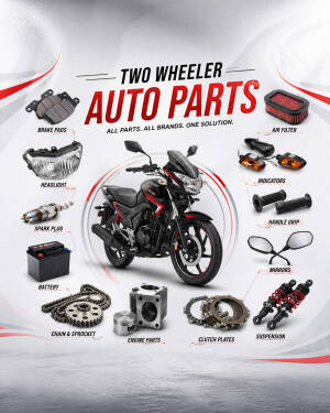 Various motorcycle spare parts and components arranged around a central bike