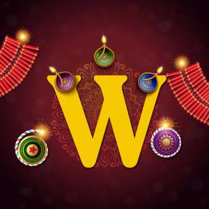 Letter W decorated with Diwali elements like diyas and firecrackers