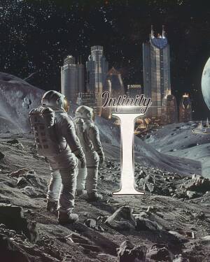 Two astronauts standing on the moon looking at a futuristic city and a large letter 'I'.